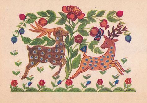 Ukrainian Folk Art. M. Mukha Deers Postcard by RussianSoulVintage Ukrainian Folk Art, Folk Art Flowers, Wool Applique, World Art, Painting & Drawing, Flower Art, Folk Art, Deer, Kids Rugs