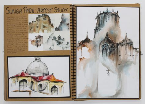 A2 Fine Art A3 Brown Sketchbook Sunga Park Artist Study CSWK Structure and Environment 2016 Thomas Rotherham College Sunga Park Art, Sunga Park Artist Page, Art Portfolio Ideas College Architecture, Architecture A Level Sketchbook, Sunga Park Artist Research Page, Architecture Alevel Art, Gcse Fine Art, Architecture Artists Gcse, Architecture A Level Art