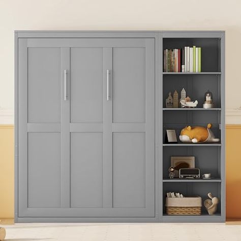 Harper & Bright Designs Queen Size Murphy Bed, Wooden Wall Bed with Shelves, Gray Queen Size Murphy Bed, Murphy Bed Wall, Full Size Murphy Bed, Bed With Shelves, Grey Shelves, Bed Wooden, Daybed With Drawers, Space Saving Beds, Murphy Cabinet Bed