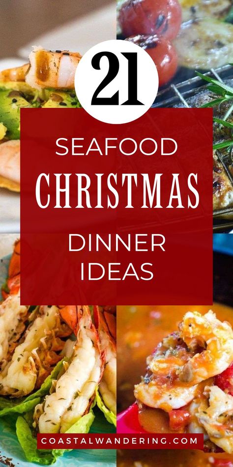 Shrimp, fish and lobster seafood dishes. Christmas Dinner Elegant, Holiday Meals For Two, Christmas Meal For 2, Seafood Holiday Dinner Ideas, Seafood Dinner Menu Ideas, Christmas Dinner Ideas For 2, Christmas Eve Dinner For Two, Christmas Dinner Seafood, Seafood Dinner Party Menu Ideas