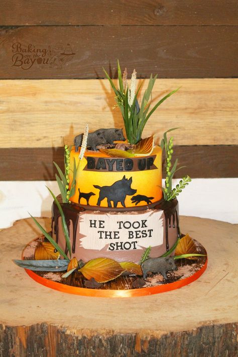 Hog Hunting Groom's Cake Hog Hunting Cake, Hog Hunting Birthday Party, Hunting Cake Ideas, Hunting Birthday Party Decorations, Grooms Cake Hunting, Fishing Decorations, Fishing Cakes, Hunting Birthday Cakes, Hunting Birthday Party