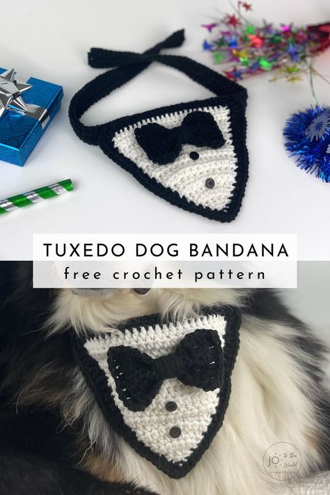 If you’re browsing for free crochet patterns for dogs, check out this free crochet dog bandana and add to the list of crochet dog clothes. This tuxedo crochet bandana is the perfect attire for your pet to celebrate any occasion! Crocheted Dog, Kat Haken, Dog Bandana Pattern, Crochet Dog Clothes, Dog Sweater Crochet Pattern, Dog Tuxedo, Crochet Dog Patterns, Crochet Dog Sweater, Crochet Bandana