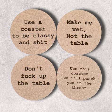 Cork Coaster set | Drinks mat, rude, funny, unique, drinks party, dinner guests, funny stocking filler Vulgar Coasters, Funny Drink Coasters, Unique Merchandise Ideas, Funny Christmas Coasters, Square Coaster Design, Rude Coasters, Funny Coasters Sayings, Cricut Coaster Ideas, Coaster Design Ideas