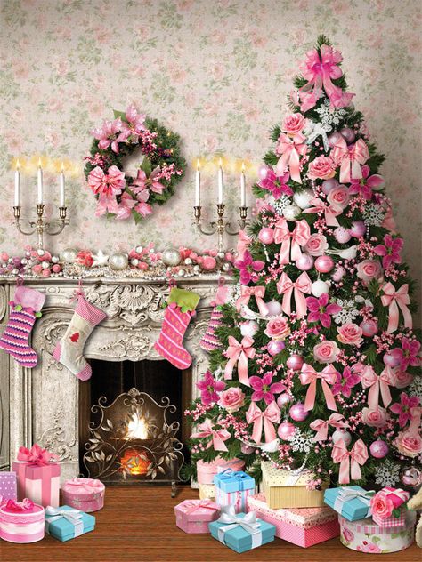 Name -Pink Christmas Printed Photography Backdrop SKU - CP-7604 Christmas Decor Ideas Pink, Christmas Glam, Classic Fireplace, Holiday Portraits, Christmas Backdrop, Events Ideas, Craft Images, Romantic Holiday, Christmas Pink