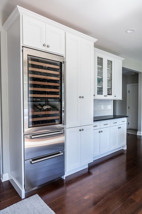 Tall Wine Fridge Wet Bar, Built In Tall Wine Fridge, Wine Refrigerator In Kitchen, Wine Refrigerator Ideas Kitchen, Bar With Tall Wine Fridge, White Warm Kitchen, Wine Refrigerator Cabinet Built Ins, Wine Refrigerator Ideas, Hunting Lodge Kitchen