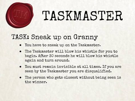 Taskmaster Tasks At Home, Task Master Games At Home, Taskmaster Party Ideas, Taskmaster Ideas, Taskmaster Games, Taskmaster Party, Taskmaster Tasks, Task Master, Fun Team Building Activities