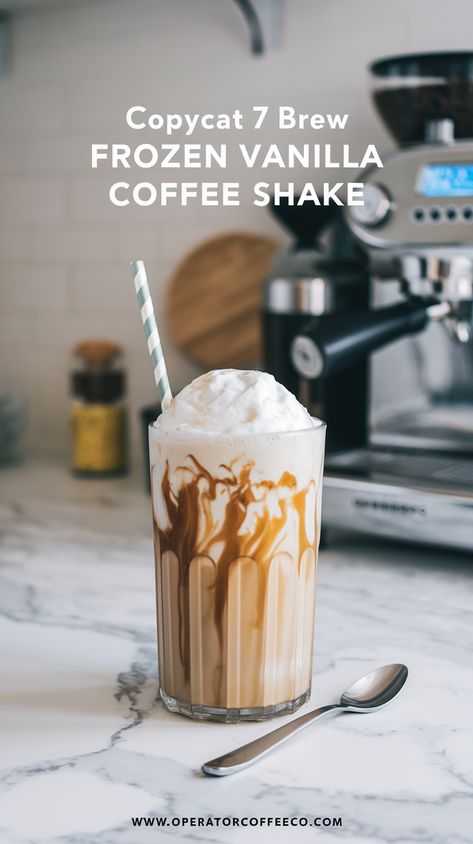 Beat the heat with this 7 Brew Frozen Vanilla Coffee Shake! ❄️ A creamy blend of cold brew, vanilla bean syrup, milk, and whipped cream, this refreshing recipe will make you the star of any office coffee break or afternoon party. Try this customizable frozen drink from the secret menu, perfect for spring and summer mornings! ☀️ #7BrewDrinkOrders #DIYCoffee Vanilla Bean Syrup, Vanilla Drink, Caramel Matcha, Blended Coffee Recipes, Coffee Blender, Vanilla Drinks, Crisp Fall Morning, Afternoon Party, Coffee Shake