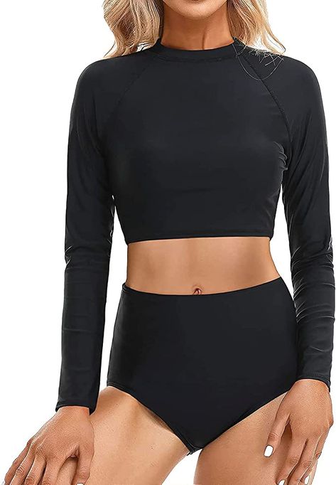 Pinup Fashion Two Piece Rash Guard Long Sleeve Bathing Suits Women Swimsuit Top with High Waist Short Tankini Set UV UPF 50+ Black at Amazon Women’s Clothing store Bathing Suits Women, Pinup Fashion, Long Sleeve Bathing Suit, Long Sleeve Swim Shirt, Tankini With Shorts, High Waisted Tankini, Long Sleeve Swim, High Waisted Bathing Suits, Black High Waisted Shorts