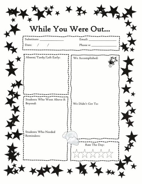 while you were out stars note subbing - Yahoo Image Search Results Substitute Note Template, While You Were Out Substitute Form, Substitute Teacher Notes Template, Sub Notes To Teacher, Substitute Notes To Teacher, Substitute Teacher Report, Substitute Teacher Forms, Substitute Teacher Ideas, Teacher Papers