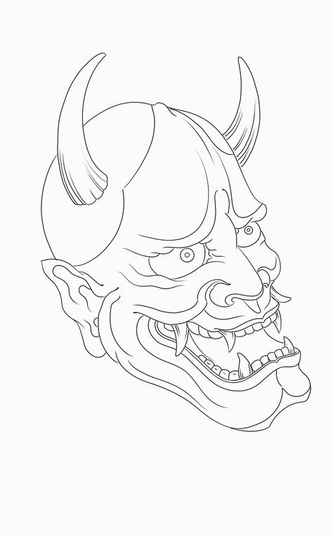 Hanya Mask Tattoo Traditional, Japanese Mask Drawing, Hannya Mask Drawing, Hanya Mask Tattoo Design, Oni Mask Drawing, Mascara Hannya, Hanya Mask Tattoo, Japanese Mask Tattoo, Japanese Oni Mask