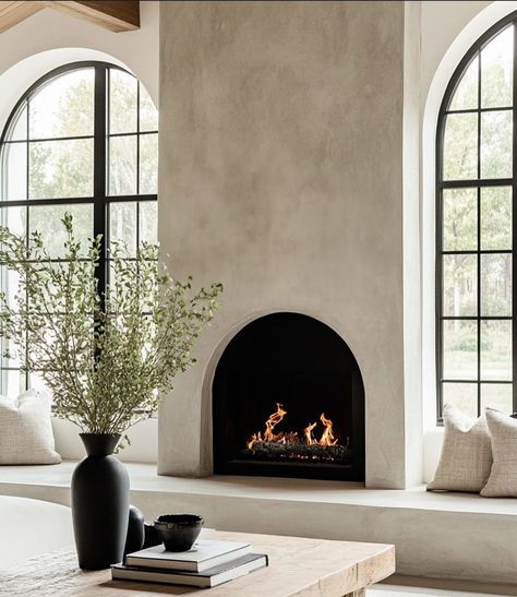 Arched Fireplace Surround, Cement Fireplace, Basement Update, Stucco Fireplace, West Bay, Faux Fireplace, Fireplace Remodel, Warm Tone, Fireplace Ideas