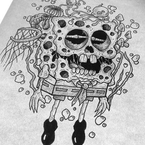 Scary Spongebob, Spongebob Drawing, Creepy Sketches, Spongebob Drawings, Scary Drawings, Trippy Drawings, Creepy Drawings, Geniale Tattoos, Black And White Art Drawing