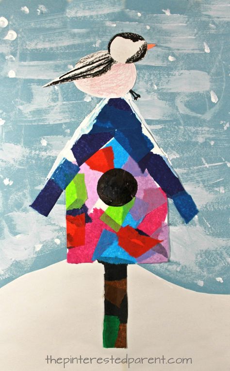 Mixed media art birdhouse with chickadee or a cardinal - Use tissue paper, acrylics, watercolors, crayons, markers or construction paper to build this pretty winter / Christmas scene. Kid's and preschooler's arts and crafts Winter Birdhouse, January Art, Classe D'art, Winter Art Lesson, Winter Christmas Scenes, January Crafts, Winter Art Projects, Winter Crafts For Kids, Kindergarten Art