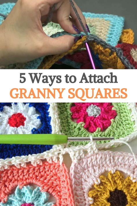 Connecting Granny Squares Easy, Ways To Connect Granny Squares, How To Connect Granny Squares Crochet, How To Connect Crochet Squares, Attach Granny Squares Together, Attaching Granny Squares Together, How To Attach Granny Squares Together, How To Connect Granny Squares, Attaching Granny Squares