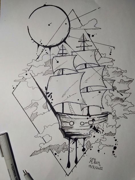 Flying Ship Drawing, Pirate Ship Drawing Reference, Ship Sinking Drawing, Pirate Ship Drawing Sketches, Pirate Ship Sketch, Polaroid Drawings, Drawing White On Black, School Sketches, Pirate Ship Drawing