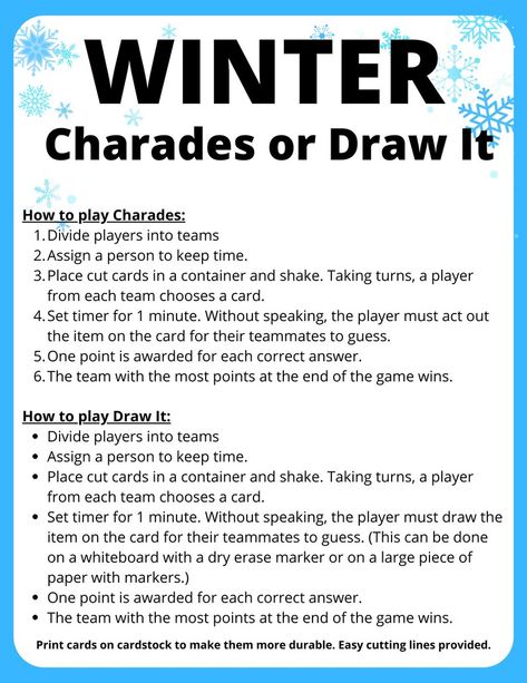 Winter Holiday Charades or Draw It Cards Instant Digital Download Printable Party Games Holiday Fun School Activities - Etsy Winter After School Activities, Winter Themed Games For Kids, Winter Activities For Teens, Fun School Activities, Holiday Charades, January Fun, Printable Party Games, Weather Games, Camp Games