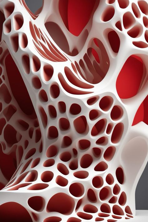 A three-dimensional digital sculpture that combines organic forms with geometric patterns. The sculpture should be characterized by intricate honeycomb-like patterns that create an organic form, resembling a figure in motion. A striking feature should be a flowing element, like red hair, at the top of the structure, providing a vivid contrast to the neutral tones of the rest of the piece. The base should be simple and dark to highlight the complexity and color of the sculpture. The overall image should blend natural shapes and precise geometry, creating an aesthetically pleasing and thought-provoking piece of art.  https://apps.apple.com/us/app/genzart-ai-art-generator/id1669915100 Figure In Motion, Biomorphic Design, Foam Sculpture, Sculpture Inspiration, Organic Structure, Art College, Digital Sculpture, Parametric Design, Interior Design Themes