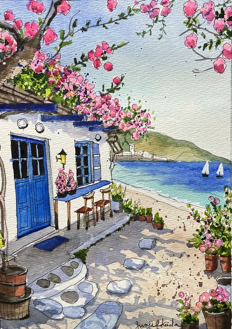 Greece Watercolour Painting, Drawing Beach Ideas, Girly Watercolor Paintings, Watercolour Inspiration Aesthetic, Easy Drawings Watercolor, Happy Place Drawing, Urban Sketching Watercolors, Beach House Drawing, Aesthetic Watercolor Art Ideas