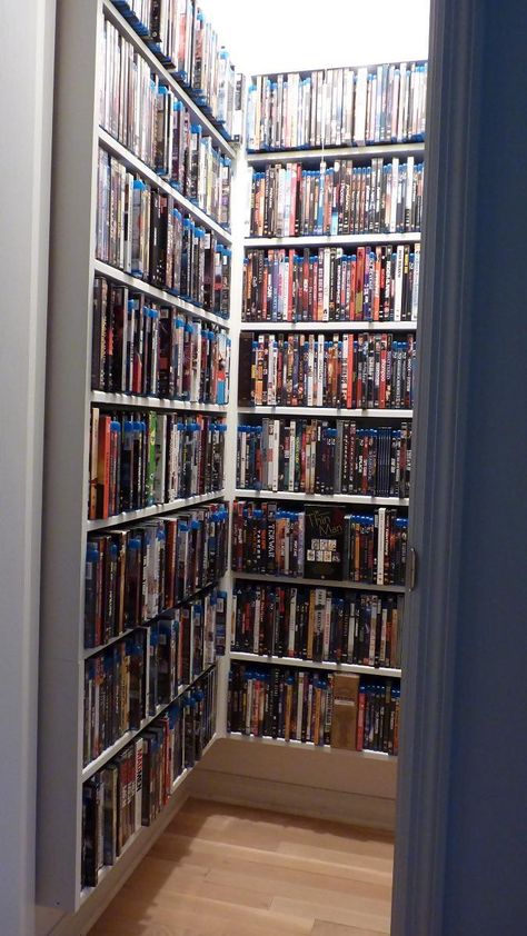 Blu Ray Room Storage Blue Ray Storage Ideas, Blu Ray Collection Room, Blu Ray Storage Ideas, Dvd Collection Aesthetic, Dvd Aesthetic, Dvd Library, Media Organization, Dvd Storage Ideas, Blu Ray Storage