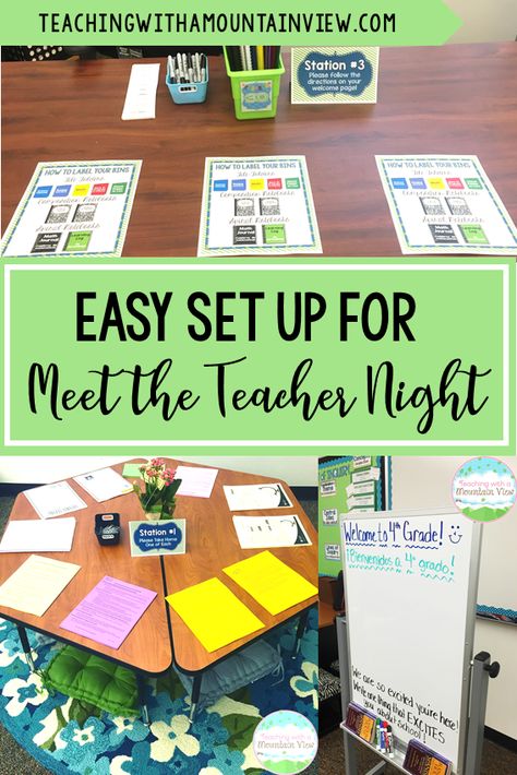 Does your school to a 'meet the teacher' or 'back to school' night? These times are great opportunities to set the stage for learning in your classroom and start positive relationships with the parents in your room. Check out my best no-hassle ideas for #upperelementary Back To School Stations, Elementary Parent Night Ideas, Parent Teacher Night Ideas, First Day Of School Ideas For Teachers, Meet The Teacher High School, Teacher Meet And Greet Ideas, Back To School Night Ideas For Teachers First Grade, Back To School Night Stations, Back To School Night Kindergarten