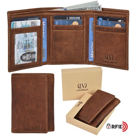 Genuine Leather Mens RFID Blocking Trifold Wallet  with 7 Credit Card 1 ID Window 2 Note Compartments. * See this great product. (This is an affiliate link) #menleatherwallet Leather Trifold Wallet, Slim Leather Wallet, Rfid Blocking Wallet, Wallets For Men, Tan Cowhide, Wallet For Men, Rfid Wallet, Men's Wallet, Pocket Wallet