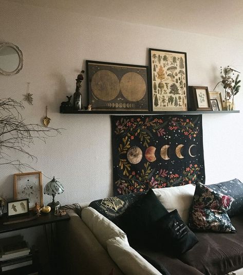 Cozy Witchy Home Decor, Dark Decor White Walls, Boho Witch Home Decor, Gothic Cottagecore Home Decor, Moon Living Room Decor, Witch Living Room Decor, Witch Aesthetic Room Ideas, Boho Witch Living Room, Moon Room Decor Aesthetic