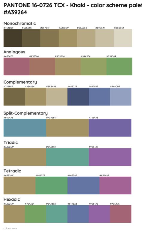 PANTONE 16-0726 TCX - Khaki color palettes and color scheme combinations Khaki Color Combination, Khaki Color Palette, Draw A Hexagon, Pantone Color Guide, Color Generator, Analogous Color Scheme, Rgb Color Codes, Split Complementary Colors, Split Complementary