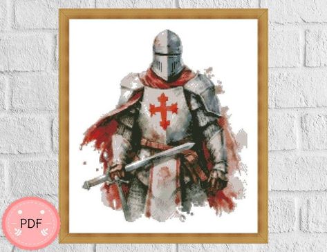 Knight Cross Stitch, Medieval Embroidery Patterns, Medieval Embroidery, Medieval Decor, Knight Templar, X Stitch, Medieval Knight, Vintage Gothic, Mystical Creatures