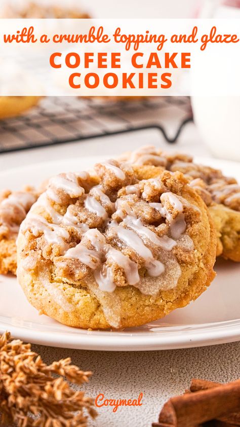 Turn your favorite bakery treats into cookies with these coffee cake cookies. Tender cookies are topped with a cinnamon crumble topping and a sweet glaze, just like a classic coffee cake. Crumb Cake Cookies, Cinnamon Coffee Cake Cookies, Coffee Cake Glaze, Coffee Cake Cookies Recipe, Pumpkin Coffee Cake Cookies, Crumbl Christmas Cookies, Coffee Cake Cookies Crumbl, Maple Cinnamon Roll Crumbl Cookie, Crumbl Cookie Copycat Cinnamon Swirl