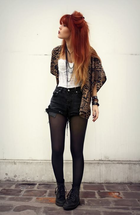 Grunge. Black Boots. Tights. Black Shorts. Cardigan. White Halter Top. Ombre Hair. Pretty. Cute. Outfit. Shorts And Tights, Look Grunge, Goth Outfit, White Halter Top, Neue Outfits, Shorts With Tights, Edgy Outfits, Fashion Mode, Black Tights