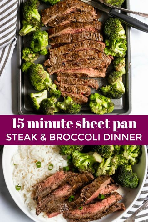 Flank Steak And Rice, Steak Rice And Broccoli, Flank Steak Recipes Oven Sheet Pan, Think Steak Recipes Dinners, Baked Flank Steak Oven, Flank Steak Sheet Pan, Steak And Broccoli Recipes, Flank Steak In Oven, Easy Flank Steak Recipes