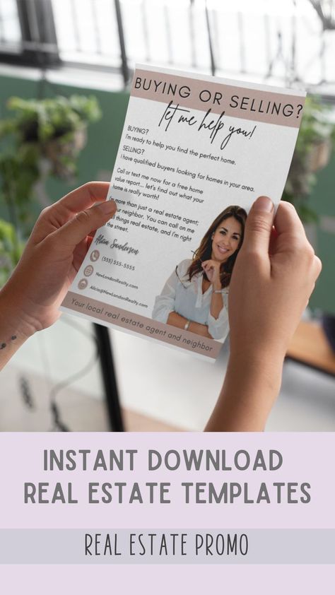 Pin shows a photo of a person holding a real estate flyer that reads, Buying or selling? Let me help you! Pin text reads, Instant download real estate templates - Real Estate Promo. When you click the pin it takes you to Real Estate Promo where you'll find this real estate farming flyer plus tons of other real estate Canva templates. Realtor Advertising, Real Estate Agent Flyer, Real Estate Instagram Posts, Real Estate Farming, Realtor Flyers, Realtor Business Cards, Promo Flyer, Advertising Flyers, Real Estate Postcards