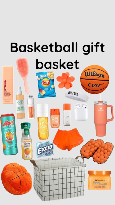 #basketball #gift #basket #preppy Basketball Basket Ideas, Lulu Gift Basket, Gift Ideas For Basketball Players, Gift Ideas For Sporty Friends, Basketball Christmas List, Basketball Themed Gift Baskets, Basketball Gifts Baskets For Boyfriend, Basketball Basket, Gf Gift Basket