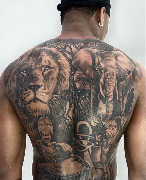 African Chest Tattoo Men, Africa Back Tattoo, Oakland Tattoo Ideas, African Theme Tattoo, African Lion Tattoo, Full Back Tattoos For Men, Back Tattoo For Men, African Warrior Tattoos, African Sleeve Tattoo