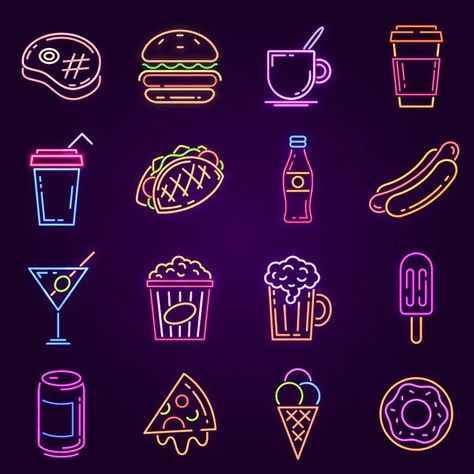 Fast food neon icons Royalty Free Vector Image Neon Illustration, Neon Food, Neon Icons, Drink Icon, Adobe Illustrator Graphic Design, Vbs 2024, Neon Color, Food Printables, Art Reference Poses