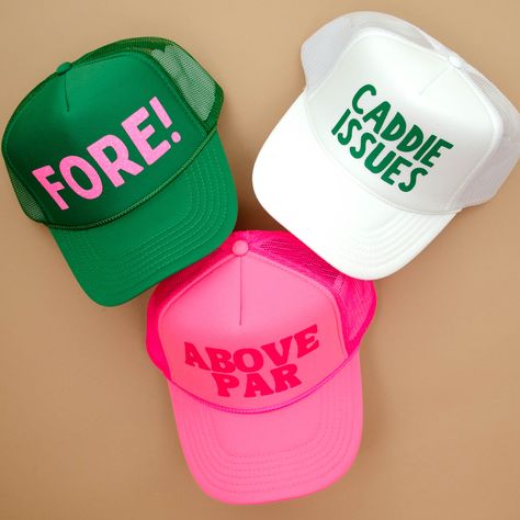 Get styled for the course! Golf Themes For Ladies, Golf Attire Women Outfits, Golf Trucker Hat, Par Tee Golf Party, Women’s Golf Looks, Golf Bachelorette Ideas, Country Club Theme, Trucker Hat Designs, Golf Aesthetic