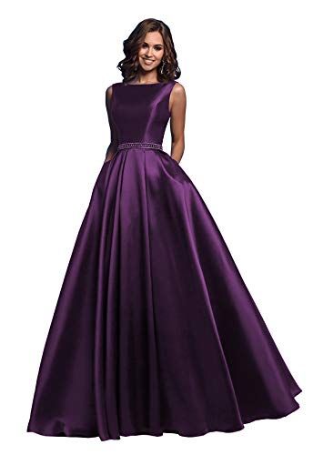 Gown With Belt, Satin Prom Dress Long, Prom Dress Satin, Dark Purple Dresses, Long Ball Gown, Prom Dresses With Pockets, Sleeveless Bridesmaid Dresses, Most Beautiful Dresses, Formal Party Dress