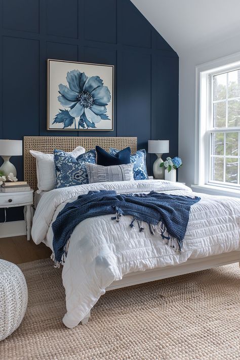 elegant bedroom, mature woman bedroom, luxury bedroom, room ideas, bedroom inspiration Navy Beige White Bedroom, Sherwin Williams Blue Bedroom, Navy Master Bedrooms Decor, Bedroom With Navy Accents, Navy Blue And Cream Bedroom, Navy And Cream Bedroom, Cream And Blue Bedroom, Cream Bedroom Decor, Bedroom Ideas Green