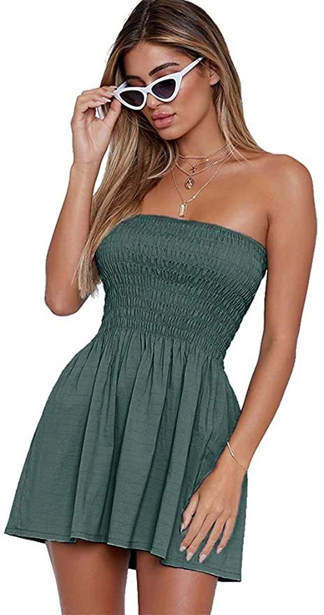 Angelegant Tube Top Dress Women Sexy Strapless Mini Dress Sleeveless Summer Dresses (XS, Green Blue) at Amazon Women’s Clothing store Cute Strapless Dresses, Very Short Dress, Summer Cover Up, Strapless Dresses, Beach Mini Dress, Tube Top Dress, Rockabilly Dress, Sleeveless Dress Summer, Floral Sundress