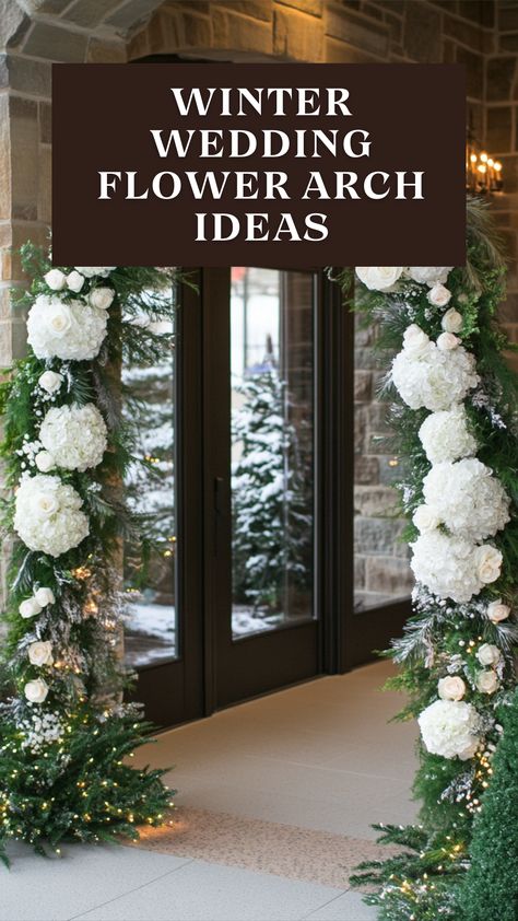 A stunning Winter Wedding Flower Arch decorated with white flowers and greenery for a romantic ceremony. Flower Arch Ideas, Wedding Ceremony Backdrop Indoor, Wedding Flower Arch, Flower Arches, Arch Ideas, Elegant Winter Wedding, Flower Arch, Wedding Arch Flowers, Winter Wedding Flowers