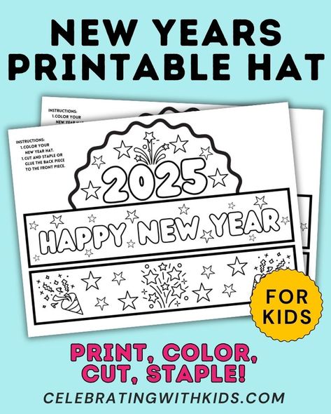 Ring in 2025 with our DIY New Year’s Hat Printable, a fun and easy craft perfect for kids on New Year’s Eve. Get ready for the celebration by creating colorful, customizable hats that are great for a ‘Noon-Year’s Eve’ party or a festive family gathering. New Year Eve Activities, Noon Years Eve Party, New Year Eve Kids Activities, New Years Eve Printables, New Years Eve Crafts, New Years Eve With Kids, Noon Years Eve, News Years Crafts For Kids, New Years Crafts