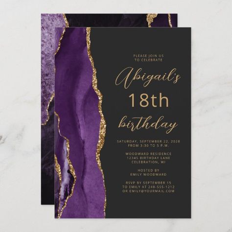 Purple Gold Agate Slate Script 18th Birthday Invitation 18th Birthday Invitation, Modern Birthday Party, 90th Birthday Invitations, Wishes For Daughter, 70th Birthday Invitations, Chic Invitation, 80th Birthday Invitations, 21st Birthday Invitations, 60th Birthday Invitations