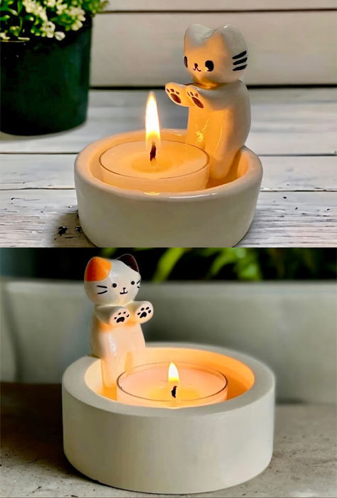 A ceramic cat figurine candle holder with a lit candle, placed on a wooden surface. two angles shown, top and side views. Clay Tea Light Holder, Ceramic Tea Light Holders, Candle Holders Decor Ideas, Clay Candle Holders Diy, Tea Lights Diy, Cat Candle Holder, Clay Candle Holders, Angel Photography, Cat Candle