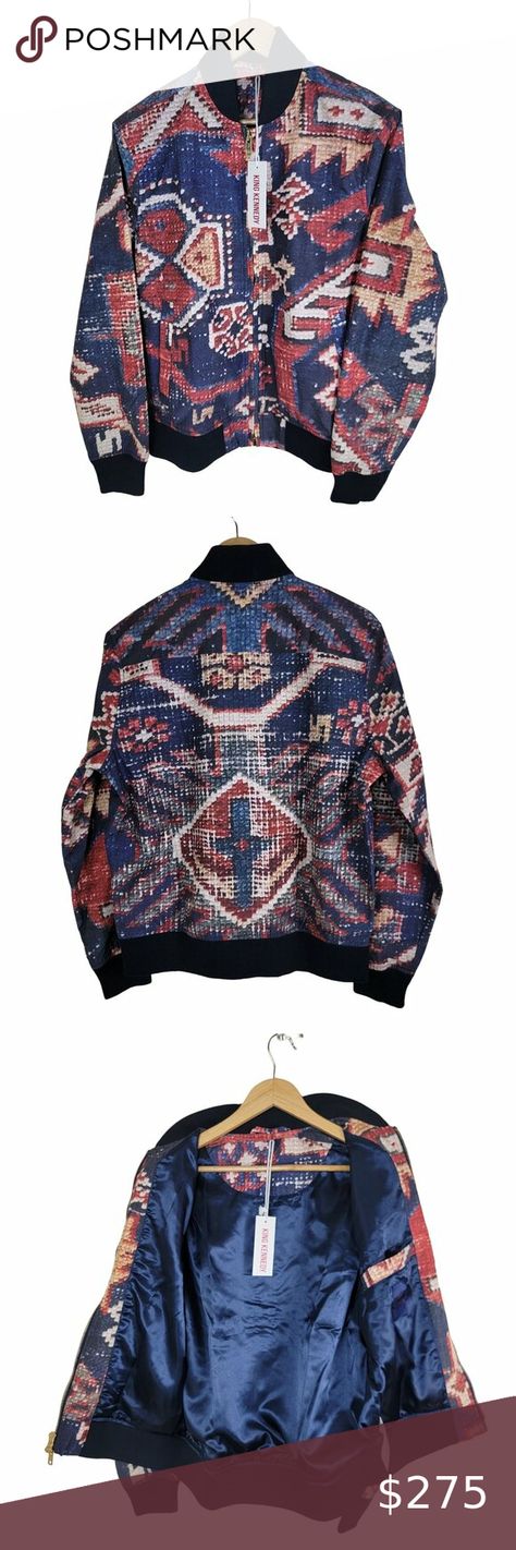 Todd Snyder x King Kennedy Rugs Printed Shell Bomber Jacket size M Blue NWT $425 Todd Snyder, Small Chest, The Craft, Traditional Rugs, Bomber Jacket, Shells, Textiles, Closet, Blue