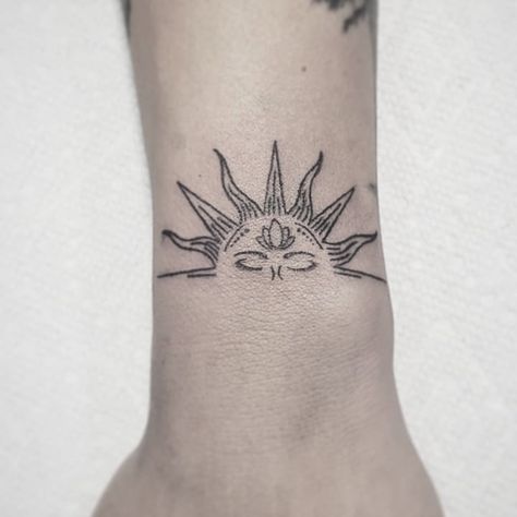 #sun #tattoo #horizon #lotus Lotus Flower Sun Tattoo, Sun On Horizon Tattoo, Horizon Sun Tattoo, Sun On Wrist Tattoo, Lotus Flower And Sun Tattoo, Woman Sun Tattoo, Sun Patchwork Tattoo, Upper Arm Sun Tattoo, Sun Lotus Tattoo