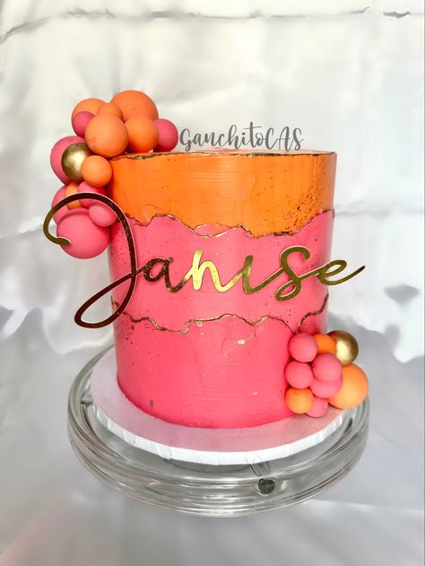 Pink And Orange Treat Table, Pink Orange Gold Birthday Cake, Neon Pink And Orange Party, Orange And Pink Decor Party, Hot Pink And Orange Birthday Cake, Pink And Orange Party Ideas, Pink And Orange Graduation Cake, Pink Orange Yellow Graduation Party, Pink And Orange Cake Ideas