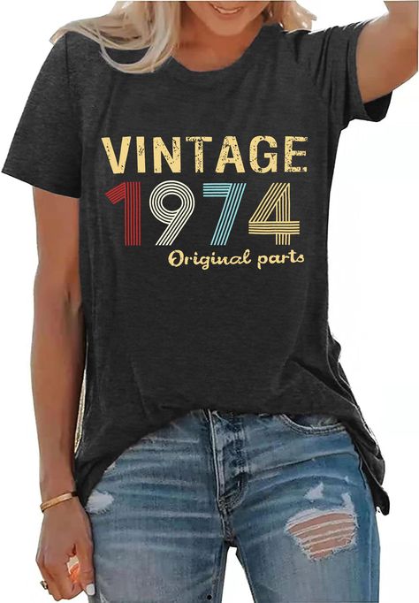 PRICES MAY VARY. Vintage 50th Birthday Gift for Her : 1974 birthday shirts for women, 50th birthday gifts for mom or grandma, 50th birthday day woman shirts, 50th birthday party shirts, vintage 1974 original parts tee shirts, classic round neck design, ladies casual short sleeve tshirts will suitable for all season. Material : Women's birthday clothes apparel is skin-firendly and breathless, so which comfy and stretchy, will be nice choice gifts to your mom, grandma, aunt, friends and sisters ec 70 Birthday Tshirt Ideas, 50 Birthday Tshirt Ideas, 50th Birthday Party Shirts, 50th Birthday Tshirts, 1974 Birthday, Birthday Clothes, 1st Birthday Shirts, Retro Birthday, 1 Birthday