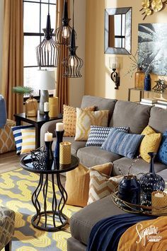 Blue And Yellow Living Room, Brown Living Room Decor, Colorful Pillow, Yellow Living Room, Trendy Living Rooms, Brown Living Room, Living Room Pillows, Blue Living Room, Pillow Designs