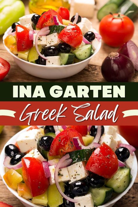 Try this Ina Garten Greek salad for a lunch you won't forget! Made with cucumbers, tomatoes, peppers, and feta cheese, it has all the Mediterranean flavors you know and love. Ina Garten Greek Salad, Cucumber Tomato Feta Salad, Best Greek Salad, Mediterranean Salad Recipe, Barefoot Contessa Recipes, Greek Salad Dressing, Okra Recipes, Ina Garten Recipes, Greek Salad Recipes