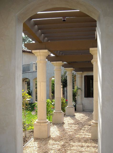 Mediterranean Exterior Design details  (pillar size is good) Mediterranean Exterior Design, Mediterranean Exterior Homes, Front Porch Columns, Mediterranean Patio, Outdoor Makeover, Mediterranean Exterior, Rustic Mediterranean, Exterior Home Design, Dream Patio